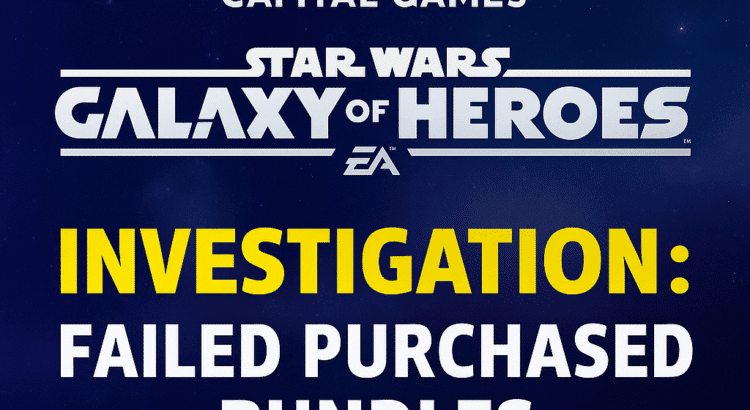 Official Star Wars Galaxy of Heroes image announcing investigation into failed purchased bundles by EA Capital Games.