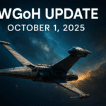 Futuristic starfighter flying through a glowing nebula with SWGoH Update October 1 2025 title