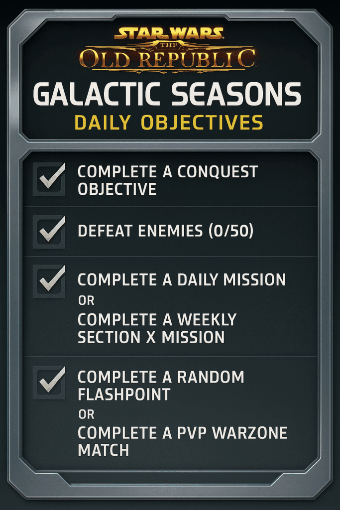 SWTOR Galactic Seasons Daily Objectives infographic showing Conquest goals and rewards for October 2025