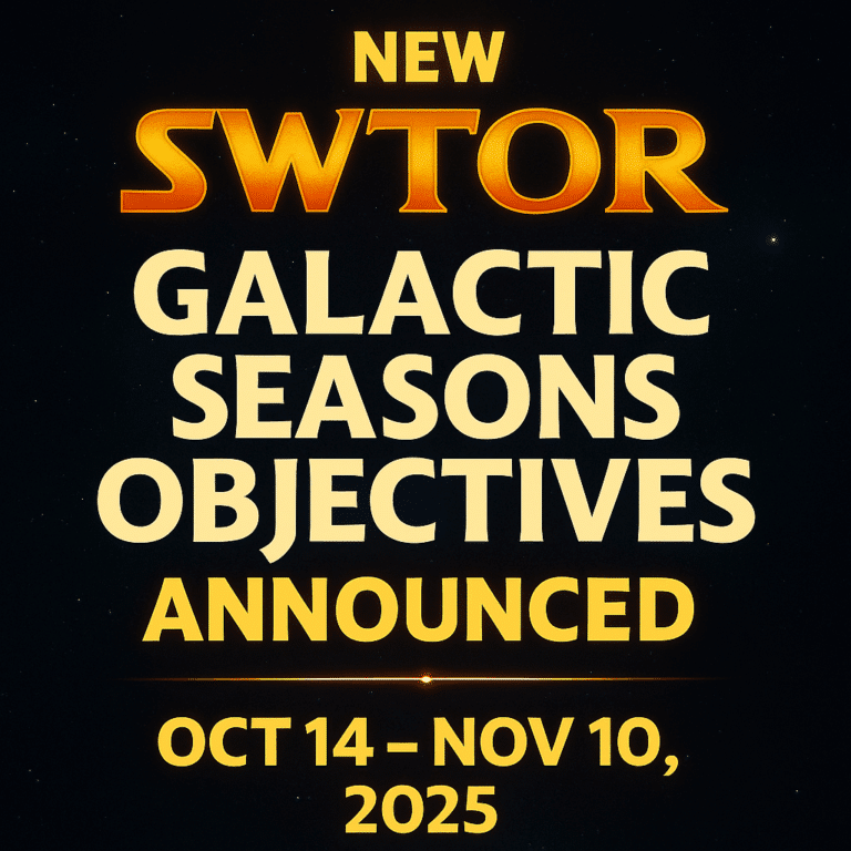 Star Wars: The Old Republic Galactic Seasons banner with holographic blue lights and text announcing new objectives for October 14 to November 10, 2025.