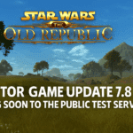 Star Wars The Old Republic Game Update 7.8 Public Test Server banner with Dantooine landscape and Jedi vs Sith silhouettes