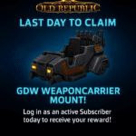 Star Wars: The Old Republic promotional banner showing the GDW Weaponcarrier mount hovering over a sci-fi battlefield with twin suns and glowing blue engines.