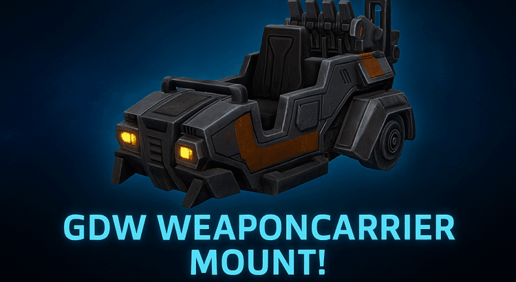 Star Wars: The Old Republic promotional banner showing the GDW Weaponcarrier mount hovering over a sci-fi battlefield with twin suns and glowing blue engines.