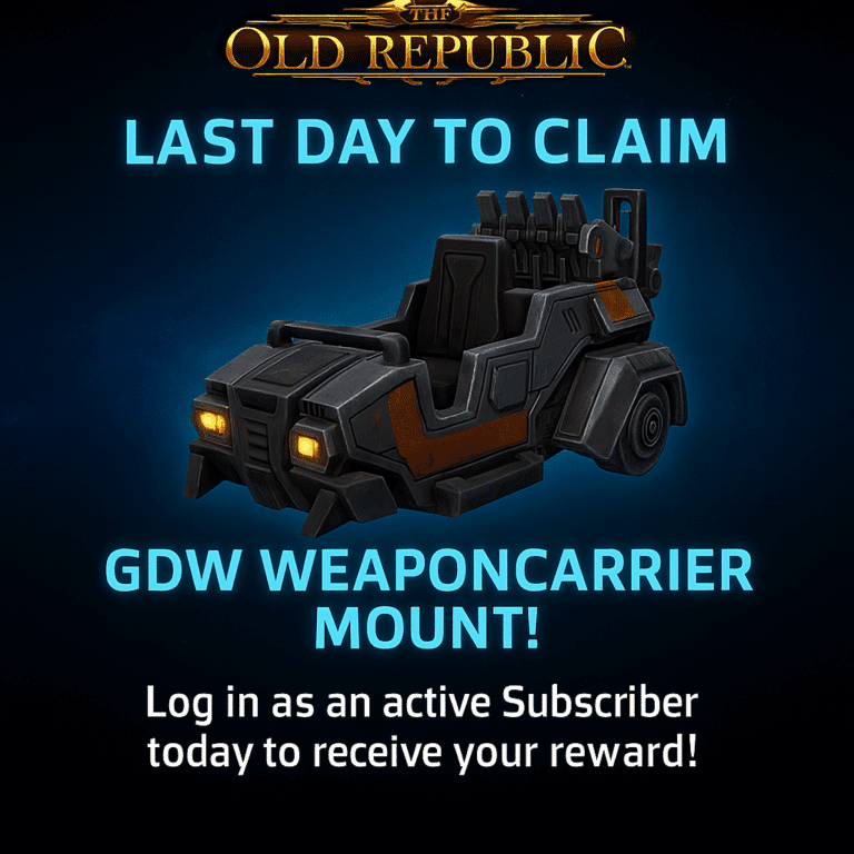 Star Wars: The Old Republic promotional banner showing the GDW Weaponcarrier mount hovering over a sci-fi battlefield with twin suns and glowing blue engines.