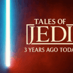 Tales of the Jedi 3rd anniversary banner with blue and red lightsaber glow and gold title text