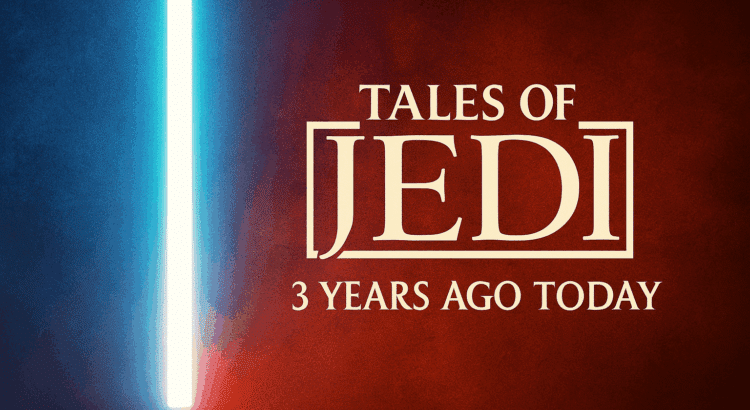 Tales of the Jedi 3rd anniversary banner with blue and red lightsaber glow and gold title text