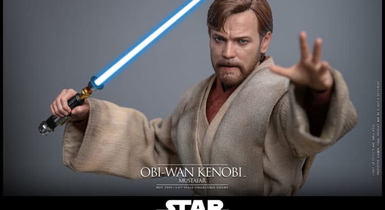 Hot Toys Obi-Wan Kenobi Mustafar sixth-scale figure with blue lightsaber extended over fiery background.