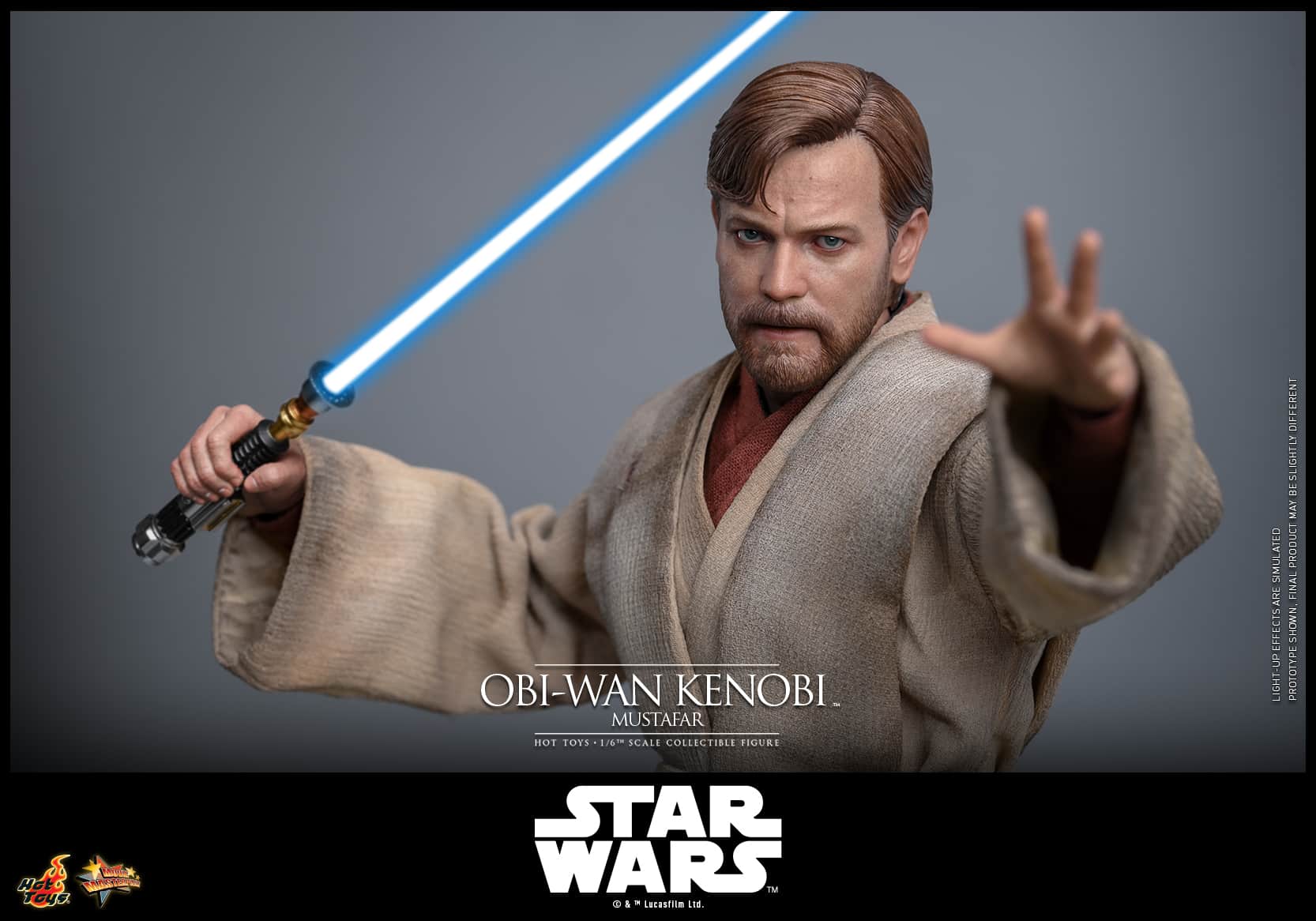 Hot Toys Obi-Wan Kenobi Mustafar sixth-scale figure with blue lightsaber extended over fiery background.