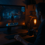 Cozy gamer setup at night with glowing monitor and sci-fi memorabilia
