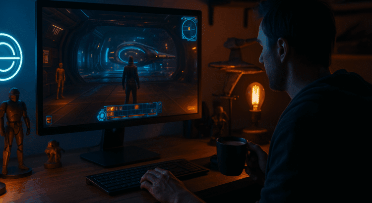 Cozy gamer setup at night with glowing monitor and sci-fi memorabilia