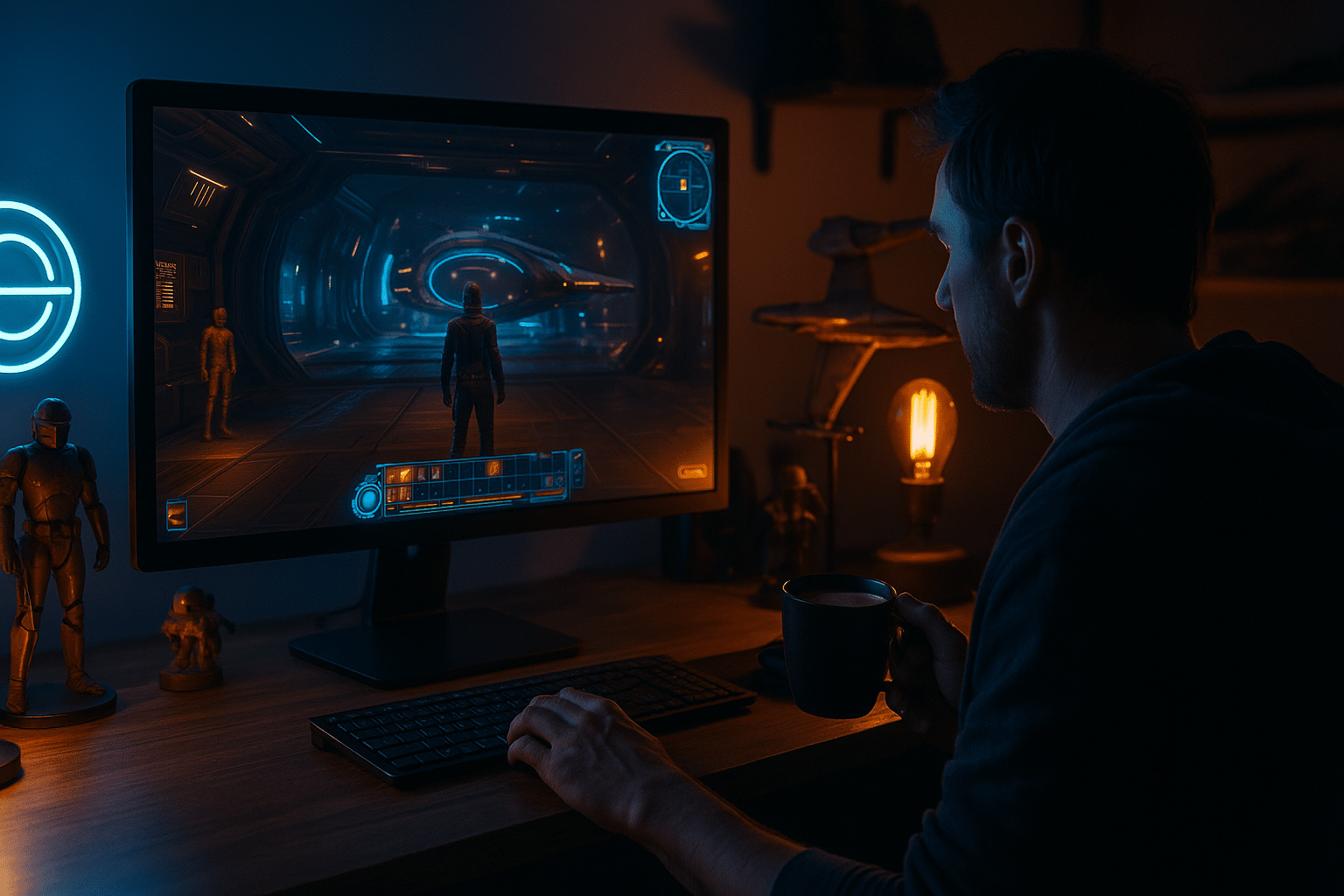 Cozy gamer setup at night with glowing monitor and sci-fi memorabilia