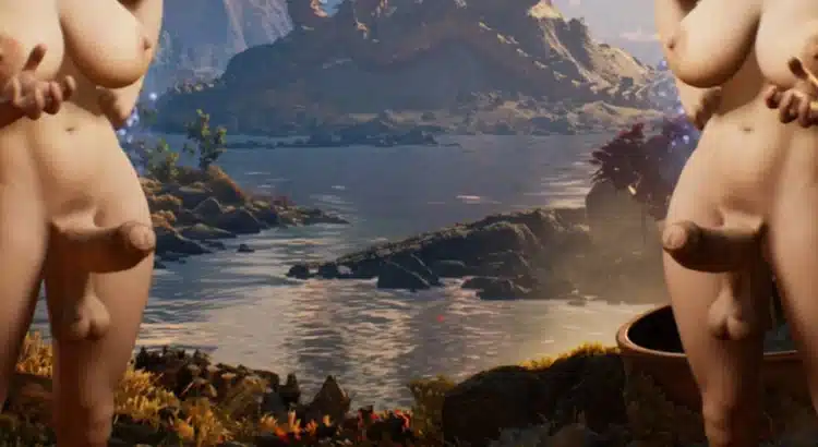 Close-up group shot of multiple futa nude Mortal Kombat female character mods standing by the lake.