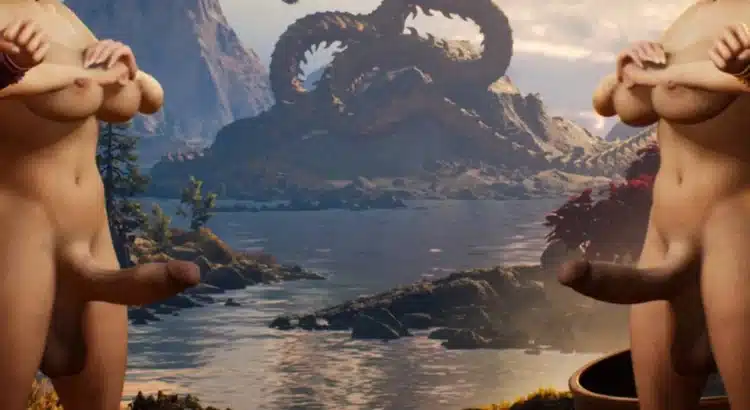 Close-up of multiple futa Li Mei nude mod variants posing in front of the dragon statue arena in Mortal Kombat 1.