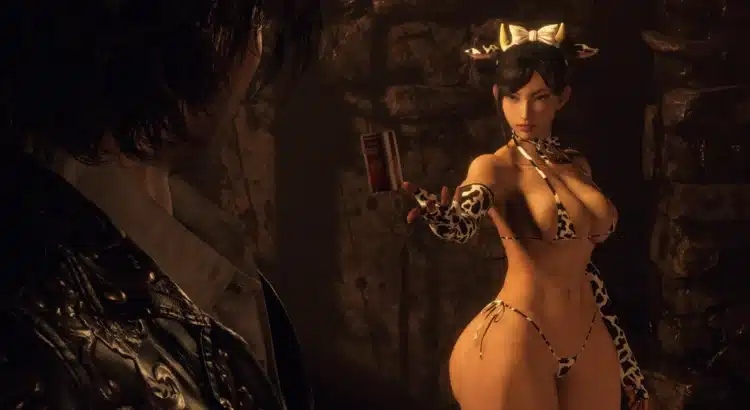 Chun-Li in a cow-pattern microbikini handing Leon a key item in Resident Evil 4 Remake.