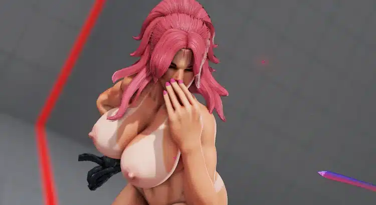 Close-up shot of Poison Nude Fit mod with pink hair in Street Fighter V