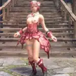 Hunter wearing the Skimpy Blossom armor mod in Monster Hunter Rise standing on village steps