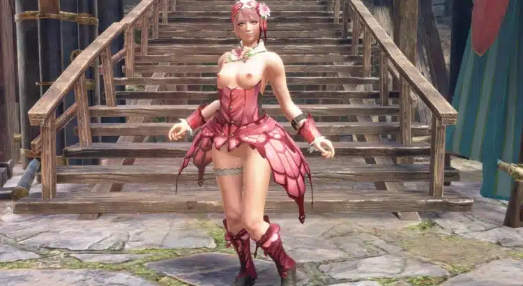Hunter wearing the Skimpy Blossom armor mod in Monster Hunter Rise standing on village steps