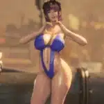 Eve wearing a blue monokini posing on a rooftop in the Stellar Blade monokini mod