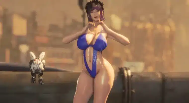 Eve wearing a blue monokini posing on a rooftop in the Stellar Blade monokini mod