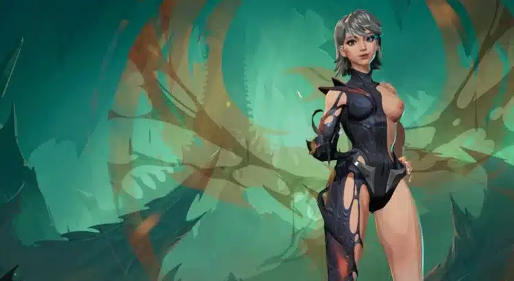 Luna Snow posing confidently in the Skimpy Abyssal Glow mod with abyss-themed background.