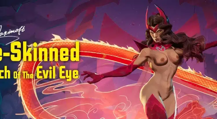 Marvel Rivals Scarlet Witch Evil Eye skin promotional artwork with magical effects.