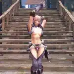 Female hunter with Risen Mizuha nude mod standing on wooden stairs in Monster Hunter Rise, posing with arms raised.