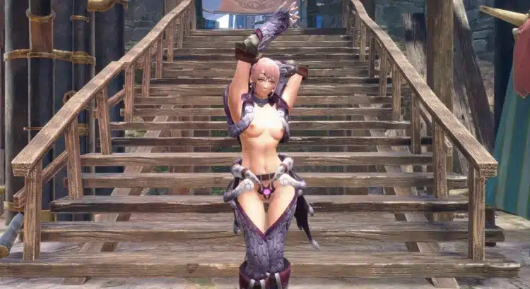 Female hunter with Risen Mizuha nude mod standing on wooden stairs in Monster Hunter Rise, posing with arms raised.