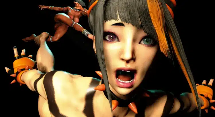 Elena nude mod action scene in Street Fighter 6, showing a dynamic kick toward Juri in a dramatic close-up pose.