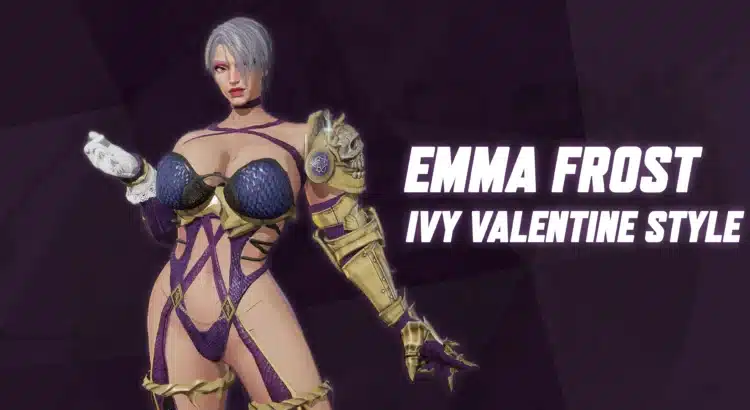 Emma Frost Ivy Valentine Style mod in Marvel Rivals showcasing the front view of the character with the redesigned purple and gold armor outfit.