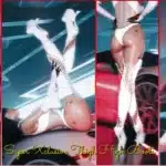FemV wearing white Super Xclusive Thigh High Boots in Cyberpunk 2077, showcasing full-body poses and high-gloss latex design.
