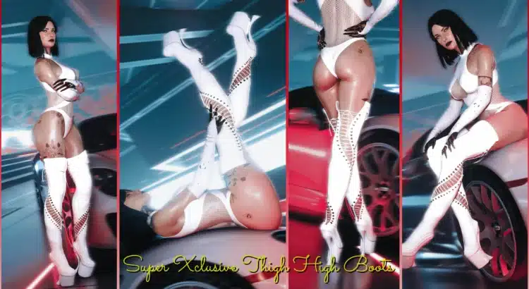FemV wearing white Super Xclusive Thigh High Boots in Cyberpunk 2077, showcasing full-body poses and high-gloss latex design.