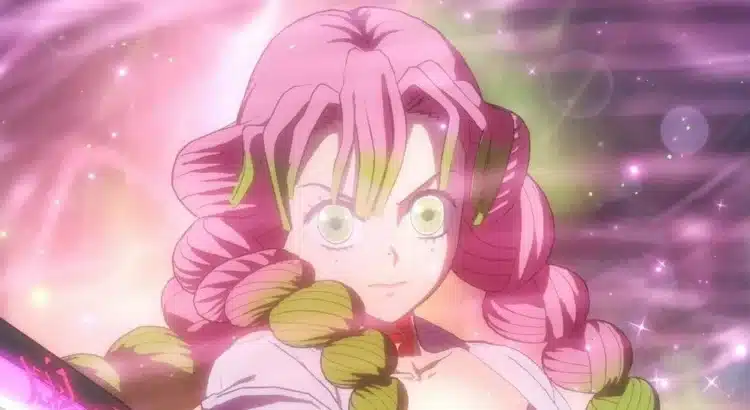 Mitsuri Kanroji preparing to attack with her glowing pink sword in Demon Slayer: The Hinokami Chronicles 2.