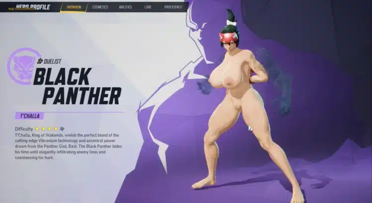 Kiriko nude mod replacing Black Panther in Marvel Rivals with full frontal view on hero selection screen.