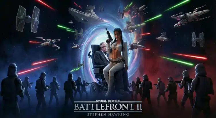 Epic sci-fi battle scene with starships firing lasers and a scientist-themed character mod in a wheelchair at the center.