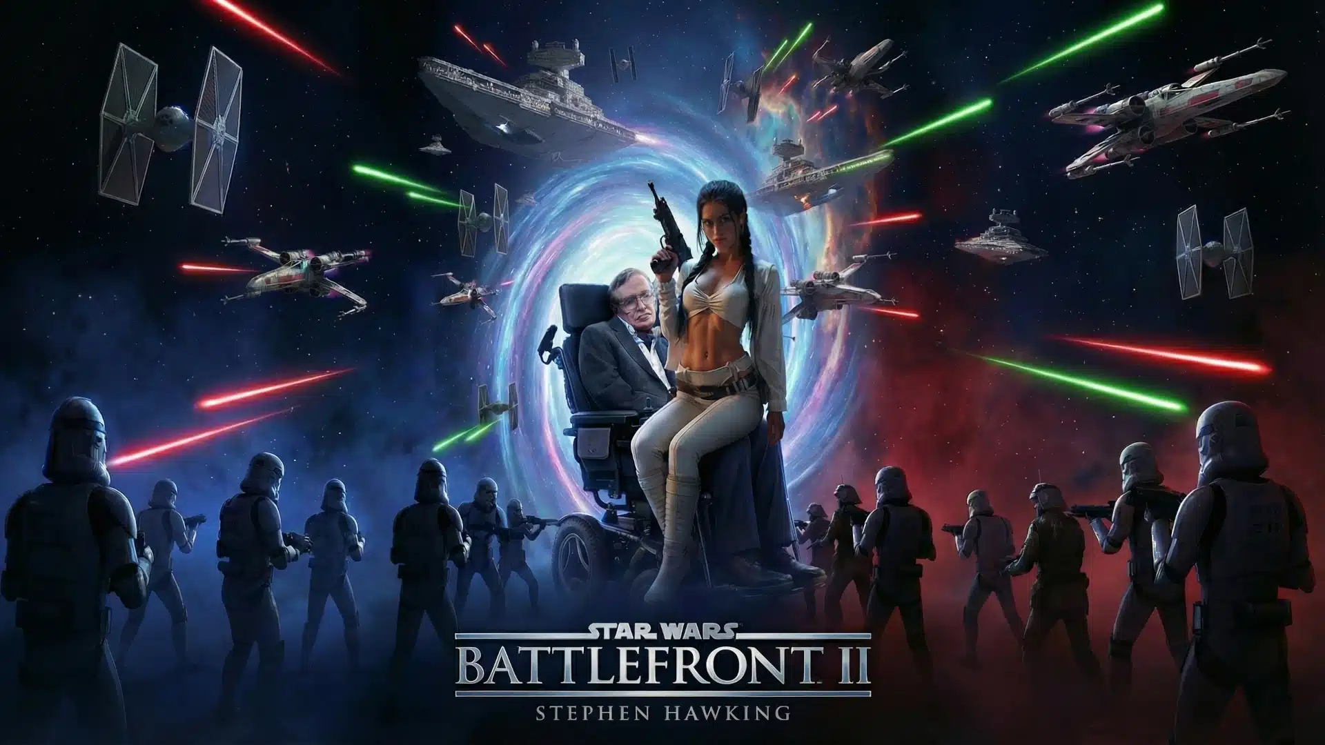 Epic sci-fi battle scene with starships firing lasers and a scientist-themed character mod in a wheelchair at the center.