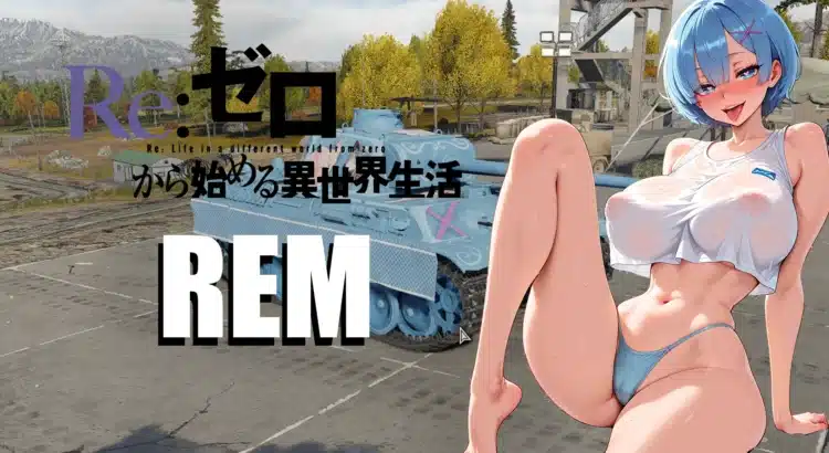 Rem anime character with War Thunder Panther G NSFW skin in promotional graphic.