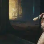 Modded Stellar Blade character posing in a sci-fi facility with enhanced body model and biomechanical suit.