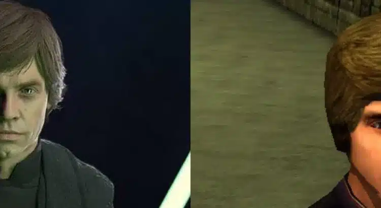 Comparison of Luke Skywalker in Battlefront II and Jedi Knight II Jedi Outcast showing visual and voice differences.