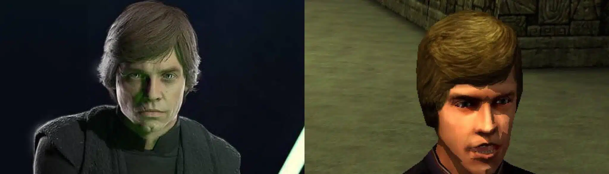 Comparison of Luke Skywalker in Battlefront II and Jedi Knight II Jedi Outcast showing visual and voice differences.