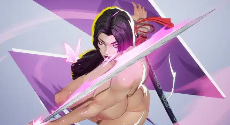Nude Psylocke swinging her psychic blade with glowing butterflies in the Marvel Rivals Nude Sweat mod.