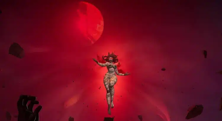 Zombie Scarlet Witch floating under a red moon in Marvel Rivals NSFW mod.
