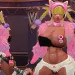 Marvel Rivals Millennia Might NSFW mod showcasing the character in a pink futuristic outfit inside a sci-fi arena