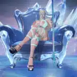 Marvel Rivals Emma Frost Hellfire Protocol NSFW skin sitting on an icy crystal throne in a cyberpunk environment