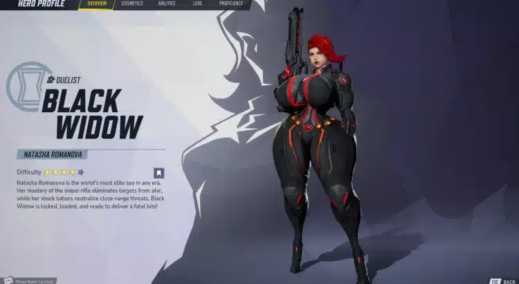 Marvel Rivals Big Sexy Black Widow mod showcasing enlarged body proportions in battle stance.