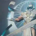 Moon Knight leaping forward under a full moon with glowing blue crescent energy.