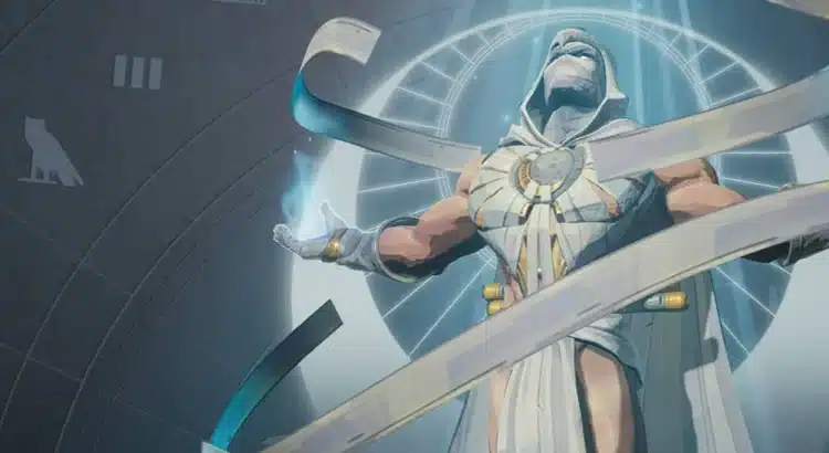 Moon Knight leaping forward under a full moon with glowing blue crescent energy.