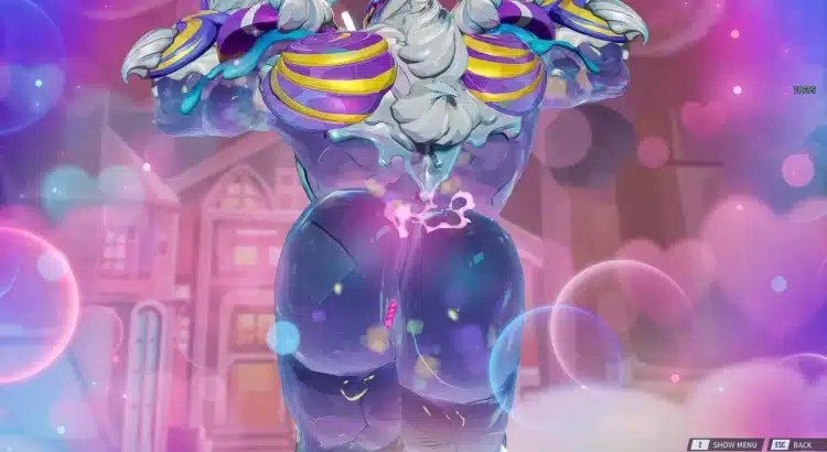 Gummy Venom flexing mid-air in a candy-themed sky realm