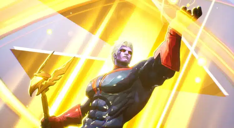 Adam Warlock glowing with cosmic power in Marvel Rivals, muscular and highlighted in golden energy.