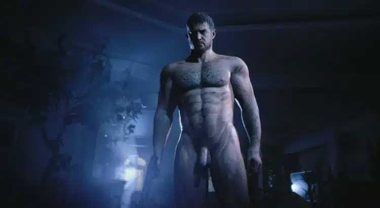 Modded nude Chris Redfield model in Resident Evil Village standing in dramatic blue lighting.