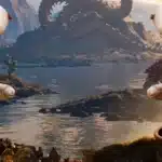 Modded Mortal Kombat 1 FUTA characters posing together with enhanced bodies in a scenic lakeside environment.